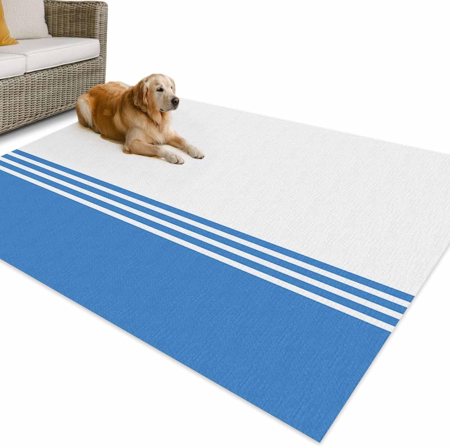 Outdoor Rug 4x6ft Farmhouse Classic Geometric Blue Stripes Patio Area Rugs Waterproof Easy Cleaning Non Shedding Thick Mats White Carpet for Indoor Outdoor Porch Deck Backyard Balcony