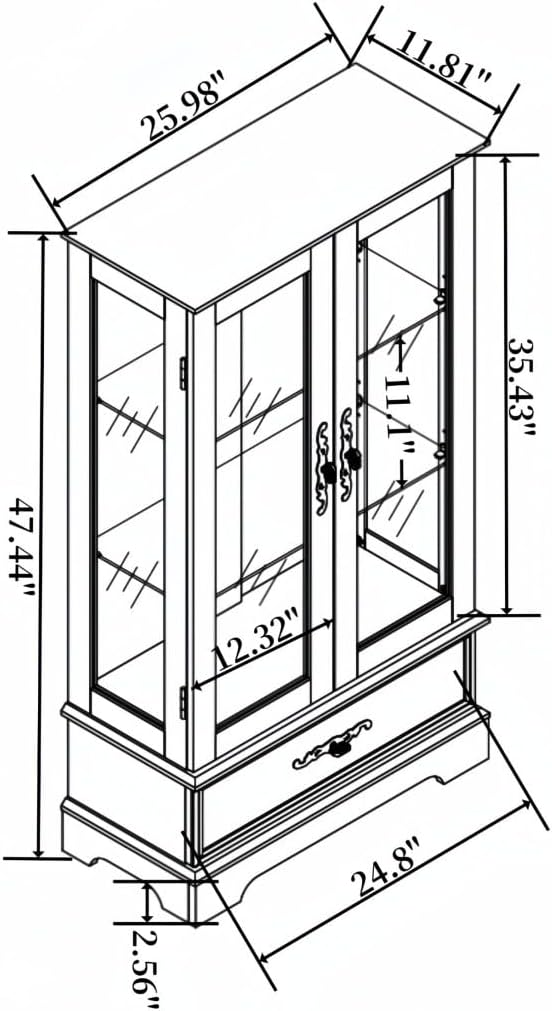 47' LED Glass Accent Curio Cabinet, 3-Tier Antique Storage Cage with Adjustable Shelves & Drawer, Acrylic Mirrored Pane, 7 Color Led Light, Small China Cabinet for Living Room/Kitchen (Oak - LED)