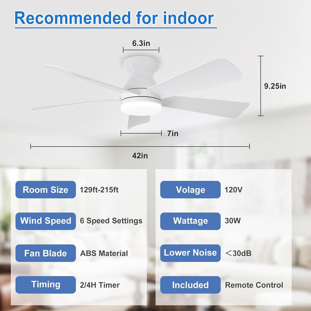 Depuley 42-Inch Ceiling Fans with Lights: Indoor/Outdoor Flush Mount Ceiling Fan with Remote Control - White 5 Blade Low Profile Fandelier for Kitchen Gazebo - Reversible Quiet Timer - 2 Packs