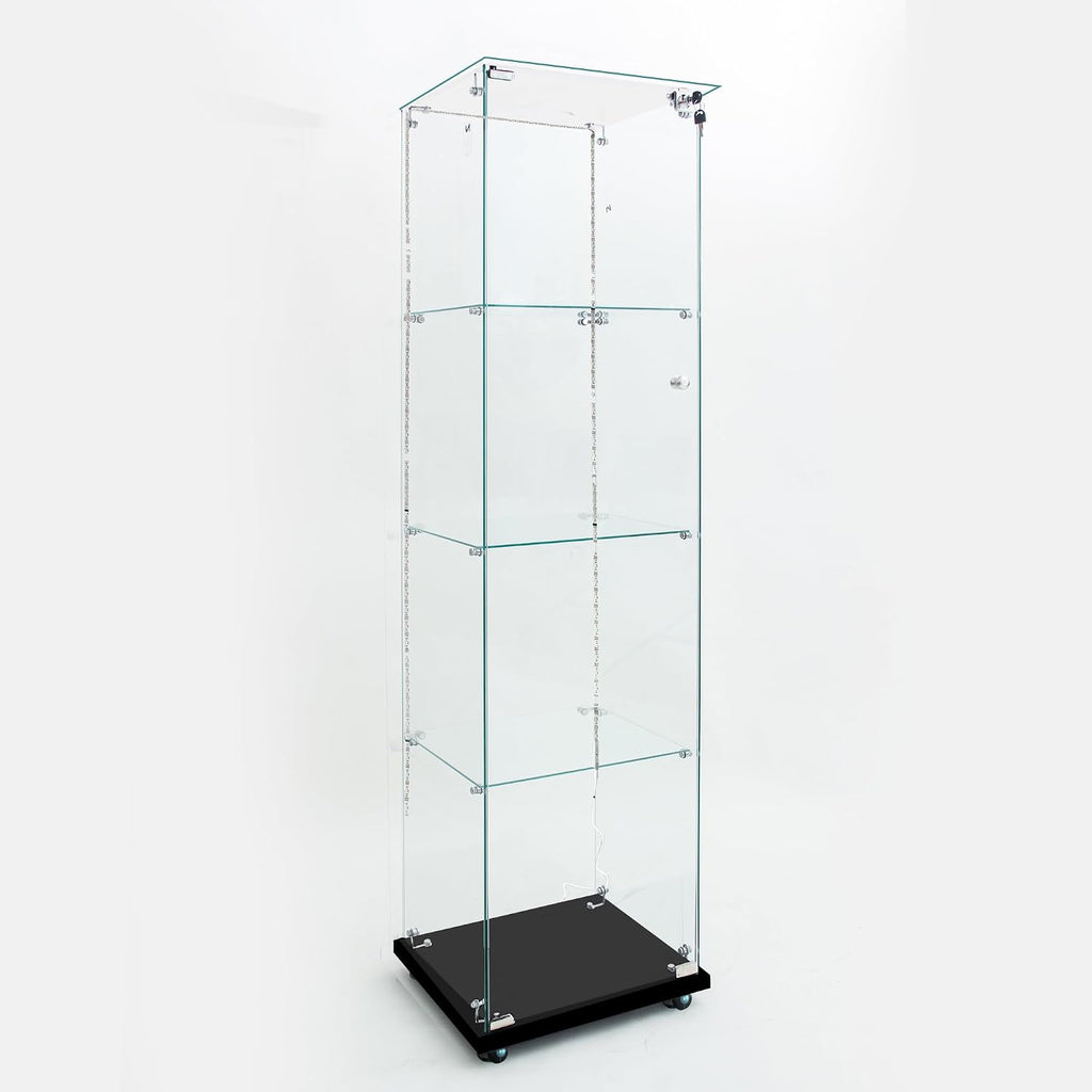 65' Tall Tempered Glass Display Cabinet with LED Lights&Rolling Wheels, Curio Cabinet with 4 Shelves with 1 Door, Quick-Install Style Floor Standing Bookshelf File Cabinet for Living Room Office