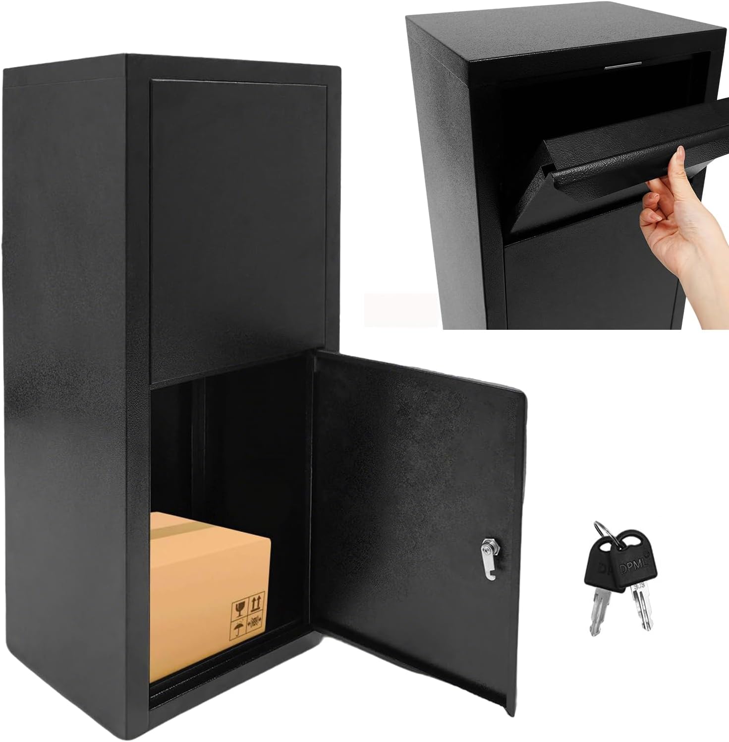 Package Delivery Box, Outside Curbside Mailbox, 0.8mm Thickness Large Anti-Theft Boxes Edges Without Burrs Carbon Steel Mailbox w/2 Keys, Black(Floor Standing)
