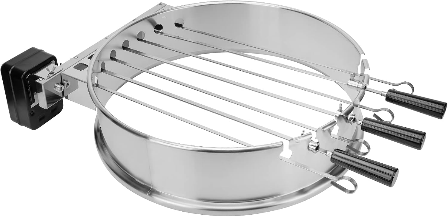 only fire Shish Kabob Set with Stainless Steel Ring, Automatic Skewers Turner for Weber 22' Kettle and Other Similar Kettle Grills