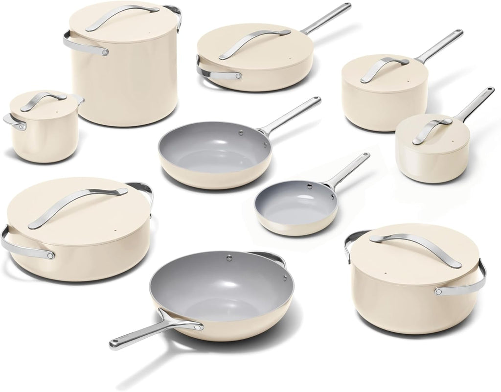 Caraway 24-Piece Nonstick Ceramic Cookware Set - Includes Fry Pans, Sauce, Sauté Pan, Dutch Oven, Petite Cooker, Stir Fry, Rondeau, Stock Pot, Lids & Storage Organizers - Cream