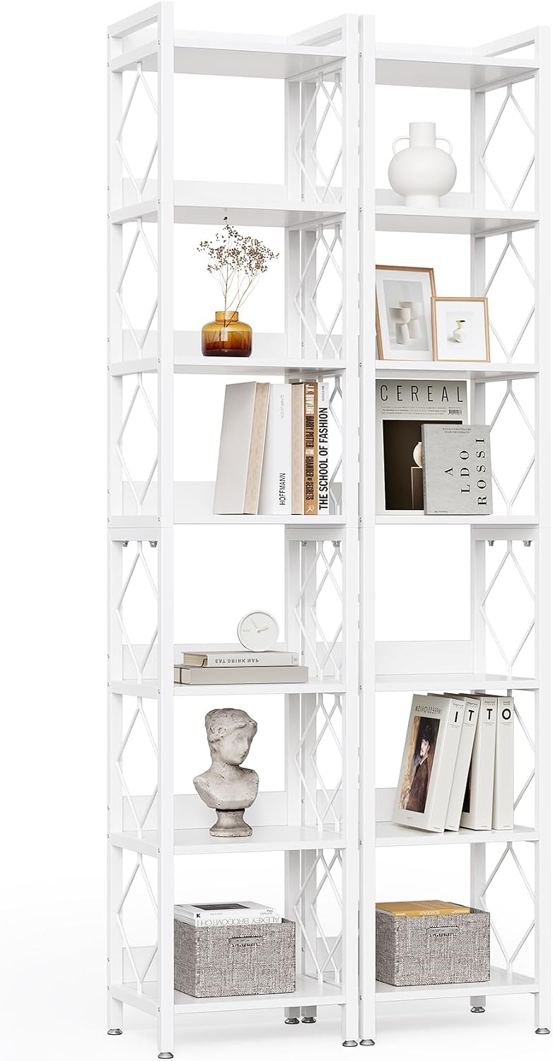 LITTLE TREE Book Shelf Set of 2, 7-Tier Tall Bookcase, Wooden Display Shelves with Metal Frame for Living Room, Modern Narrow Standing Bookshelves for Bedroom, White Office Shelf for Small Spaces