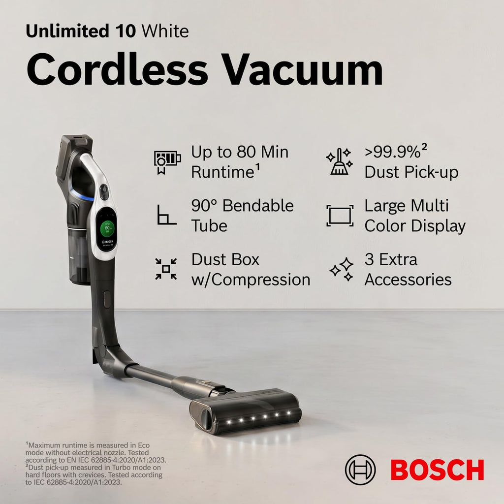 Bosch Unlimited 10 Cordless Stick Vacuum Cleaner - Up to 80 Min Battery, Pet Hair, Hard Floors, Carpets, HEPA Filter, Bendable Tube for Under Furniture, Upholstery, 3 Accessories, White