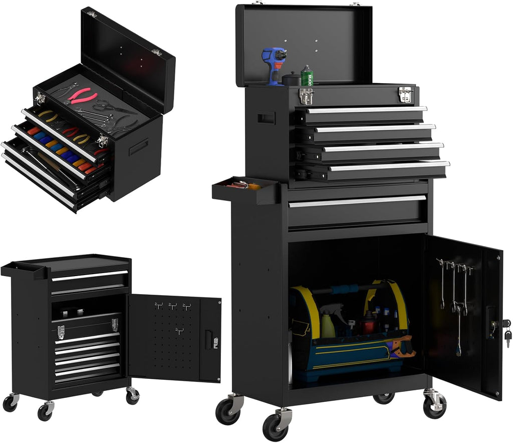 5 Drawer Tools Chest, Tool Cabinet with Universal Lockable Wheels，Tool Box with Detachable Top Box for Workshop(Black)