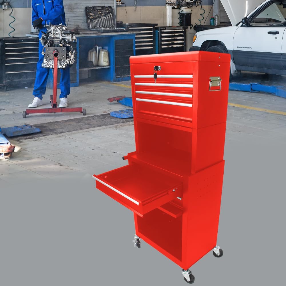 Tool Cabinet on Wheels, 6-Drawer Lockable Rolling Tool Chest w/ 4 Universal Wheels, 2 in 1 Detachable Tool Box Storage Organizer for Garage Workshop Repair Shop,RED