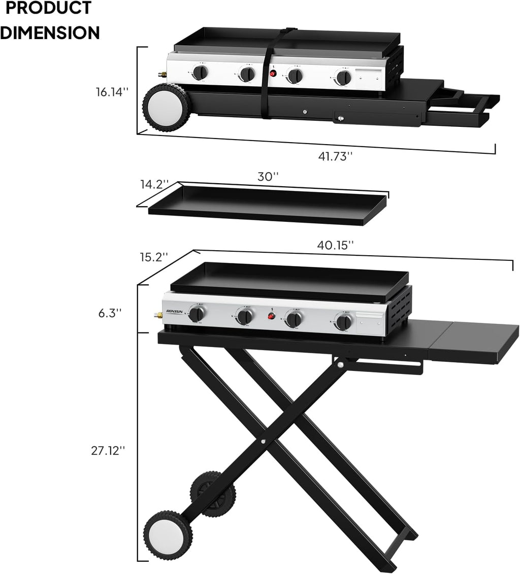 Bonnlo Foldable Flat Top Grill with 4 Burner, Powerful 40,000 BTU Propane Gas Grills with Ignition, Enamel Griddle, Side Shelf & Portable Cart with Wheels for Outdoor Camping Hibachi Grill Use