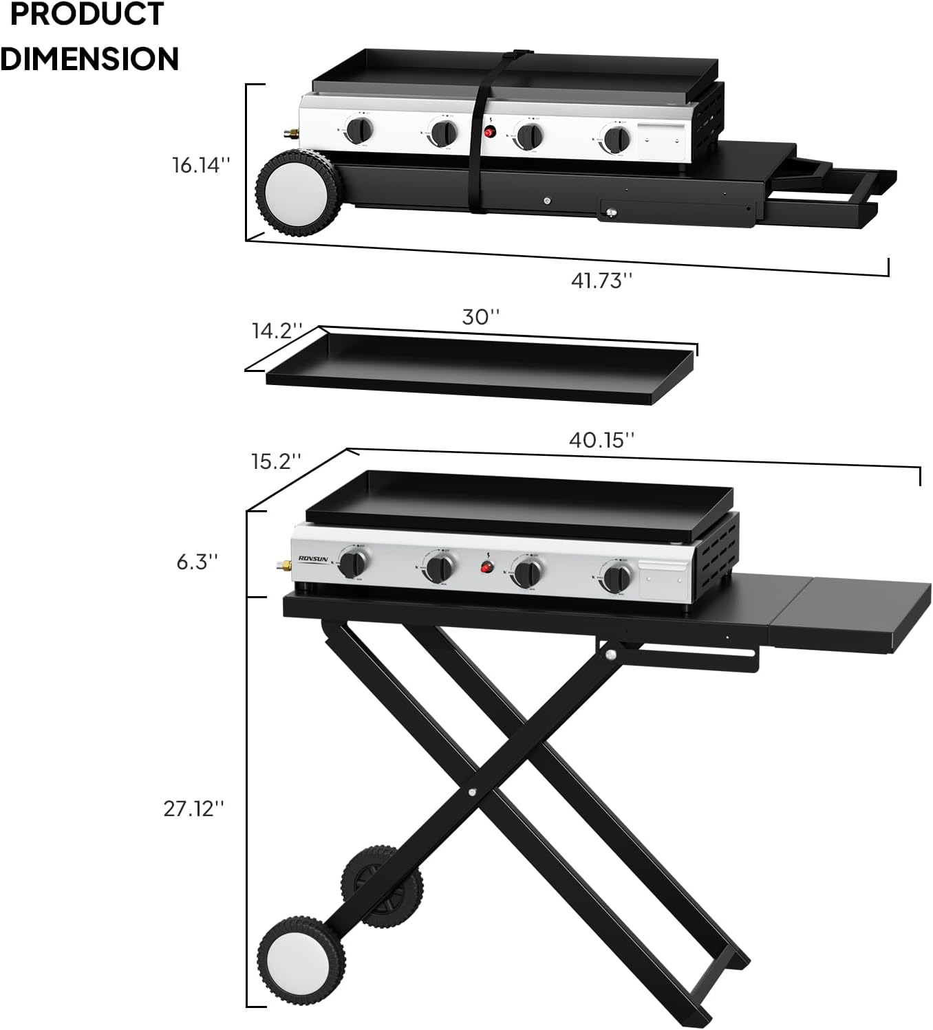 Bonnlo Foldable Flat Top Grill with 4 Burner, Powerful 40,000 BTU Propane Gas Grills with Ignition, Enamel Griddle, Side Shelf & Portable Cart with Wheels for Outdoor Camping Hibachi Grill Use
