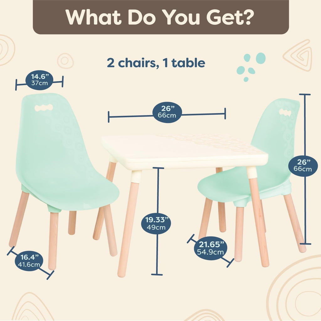 B. toys – Table and Chair Set – Furniture for Toddlers – 1 Craft Table & 2 Chairs – Natural Wooden Legs – Mint – 3+ Years