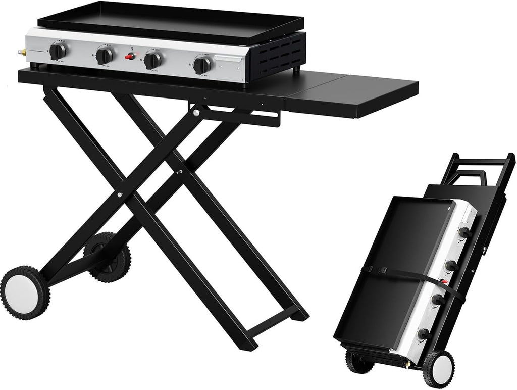Bonnlo Foldable Flat Top Grill with 4 Burner, Powerful 40,000 BTU Propane Gas Grills with Ignition, Enamel Griddle, Side Shelf & Portable Cart with Wheels for Outdoor Camping Hibachi Grill Use