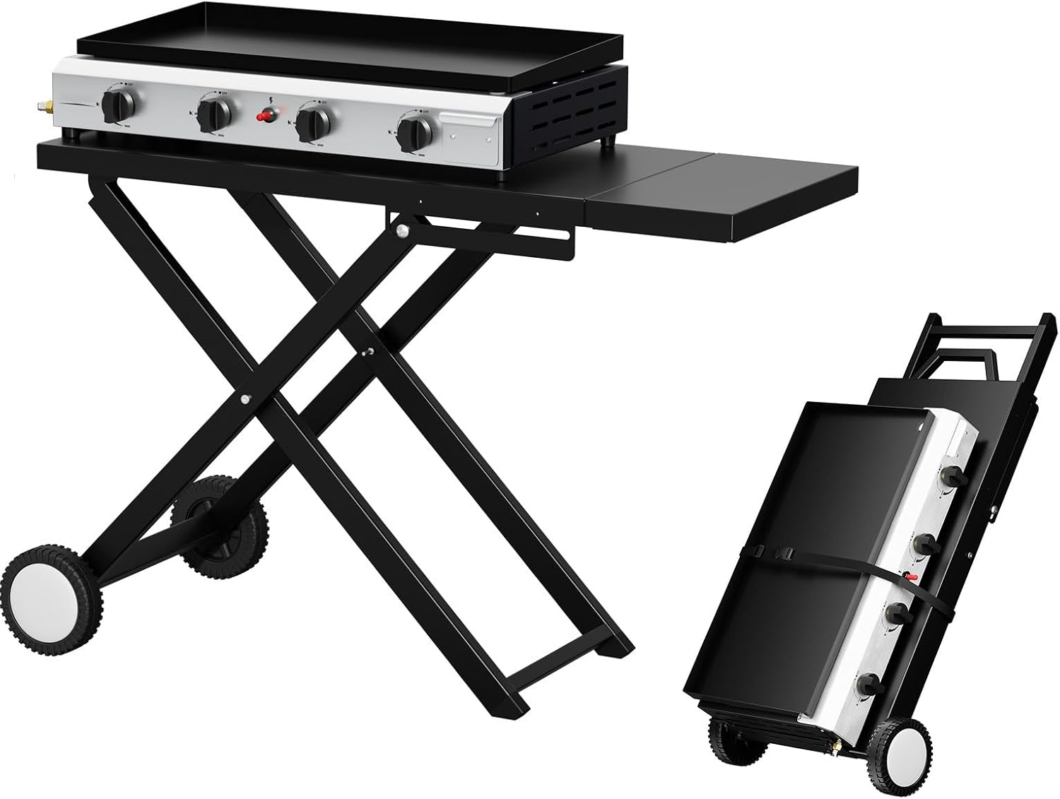Bonnlo Foldable Flat Top Grill with 4 Burner, Powerful 40,000 BTU Propane Gas Grills with Ignition, Enamel Griddle, Side Shelf & Portable Cart with Wheels for Outdoor Camping Hibachi Grill Use