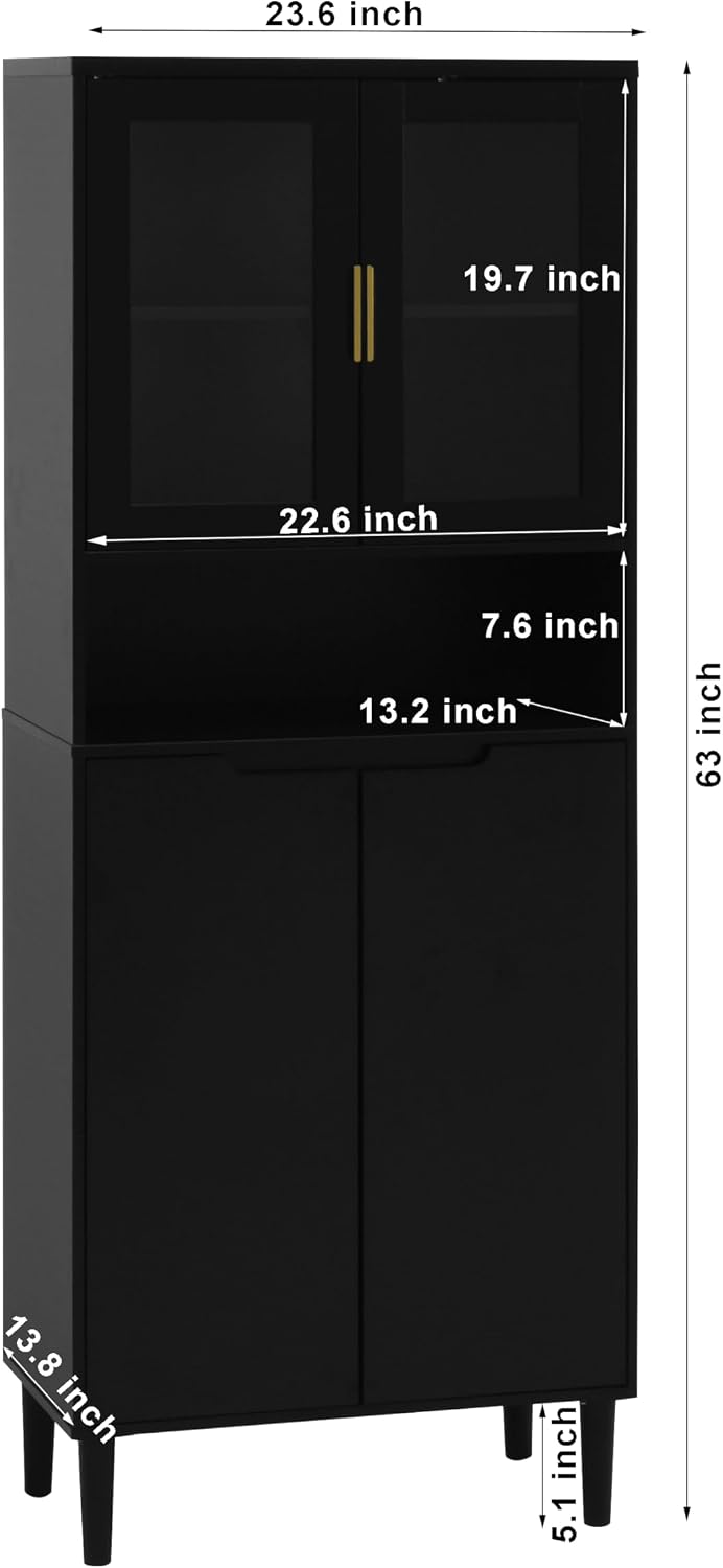 LUMISOL Storage Cabinet with 2 Glass Doors, Solid Wood Accent Cabinet with Gold Handles, Modern Cabinet Freestanding for Study Room Living Room, Save Space, Black