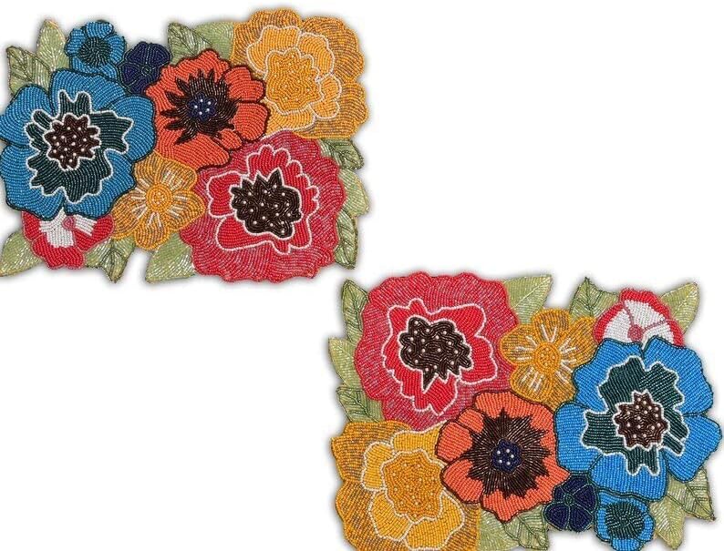 HM Creations Multicolor Floral Table Runner, Handmade Table Runner, Beaded Table Topper 13X36 Inch Dinning Decoration. (Set of 1 Table Runner and 6 Place Mats)