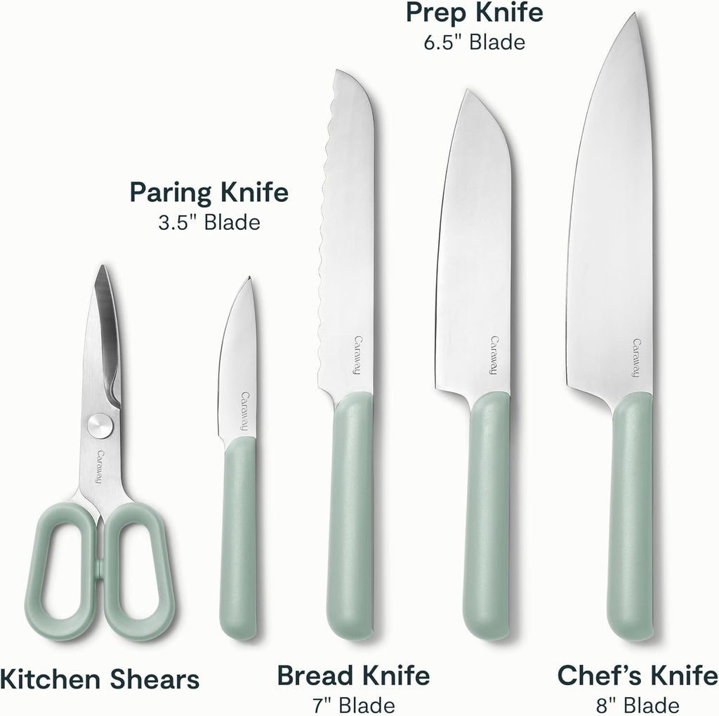 Caraway Kitchen Knife Set & Wooden Utensil Set - Made With Premium German Steel Blades & FSC-Certified Birch Wood - Non-Toxic Materials - Mist