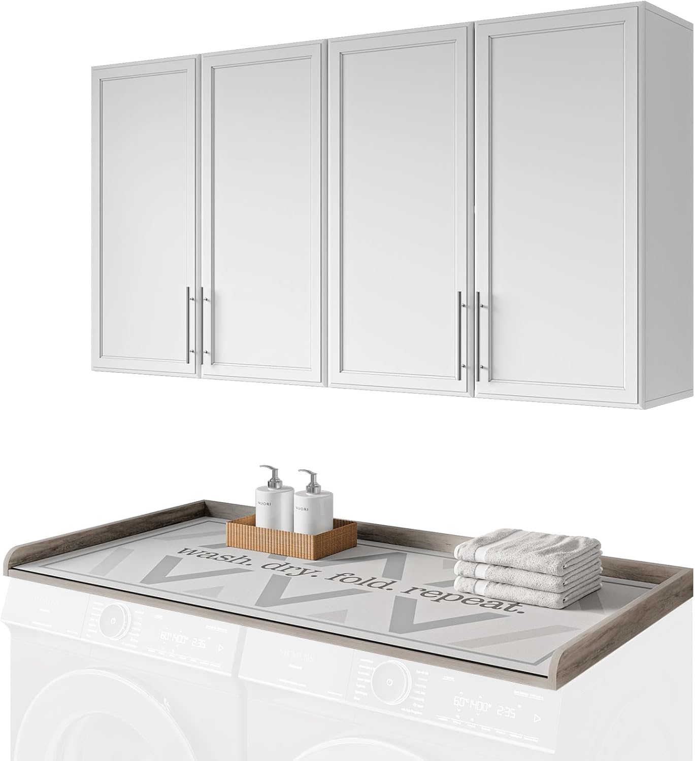 FIMELLO 60' Laundry Room Wall Cabinets and 27.6' x 54' Washer and Dryer Countertop Set, Laundry Room Cabinets Wall Mounted, Upper Cabinets Floating Cabinet - Grey Laundry Countertop