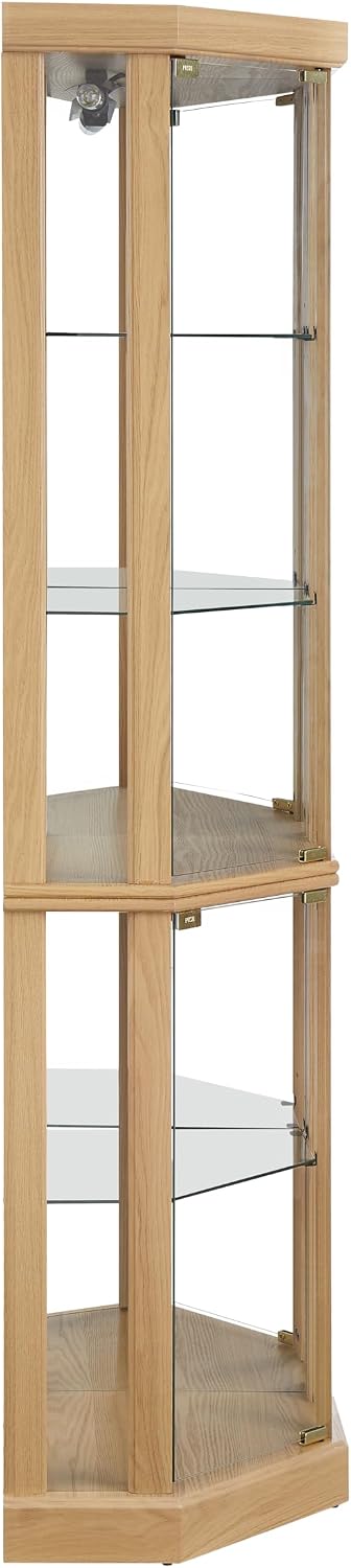 Ball & Cast 70' H Lighted Corner Curio Cabinet, Glass Display Cabinet with 5 Tempered Adjustable Glass Shelves and Doors,Include Light Bulb, Rack for Living Room,Light Oak