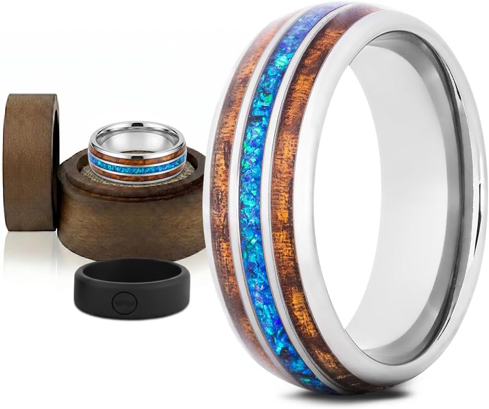 Gentlemen's Bands Premium Silver Tungsten Wedding Band with Royal Blue Opal & Koa Wood Inlay | Wedding Ring Is Ideal Gift | Package Includes Silicon Band, Walnut Ring Box, Leather Pouch
