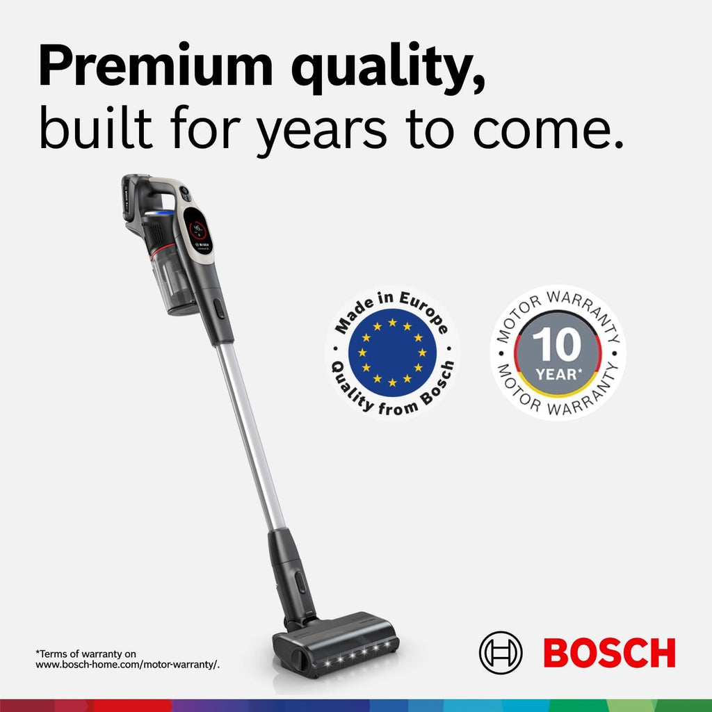 Bosch Unlimited 9 Cordless Stick Vacuum Cleaner - Up to 60 Min Battery, Fast Charger, Multi-Surface, Vacuums Pet Hair, Hard Floors and Carpets, HEPA Filter, 6 Accessories, Dark Cream