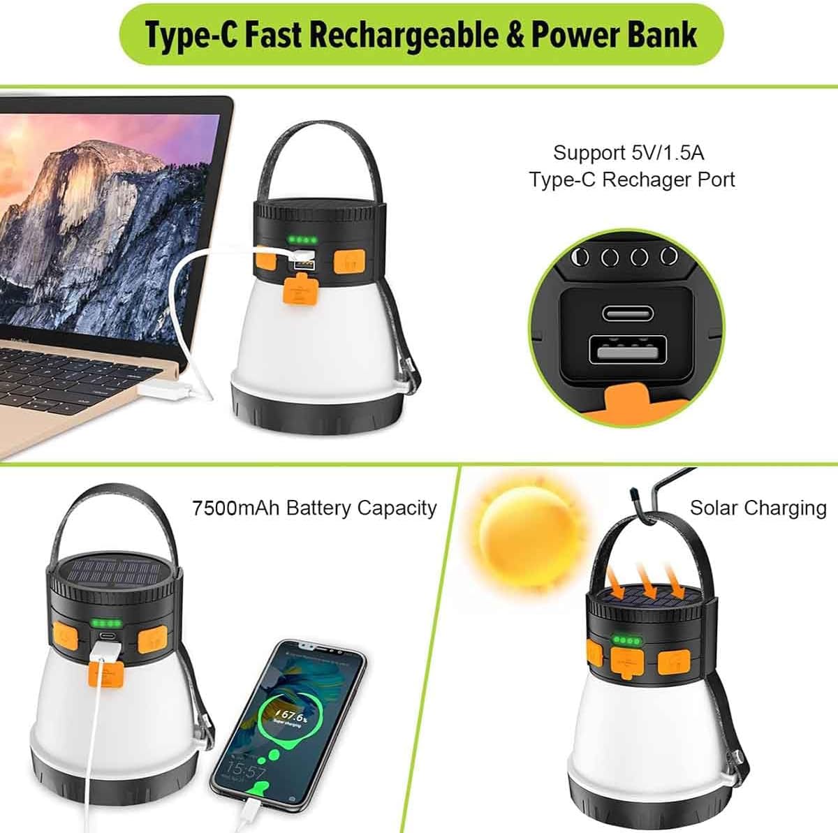 6 Pack LED Camping Lantern, 1500 Lumens Camping Lantern Rechargeable with Solar Panel Charging, Waterproof, 8 Light Modes, 7500mAh, Camping Flashlight for Hurricane Emergency, Outdoor