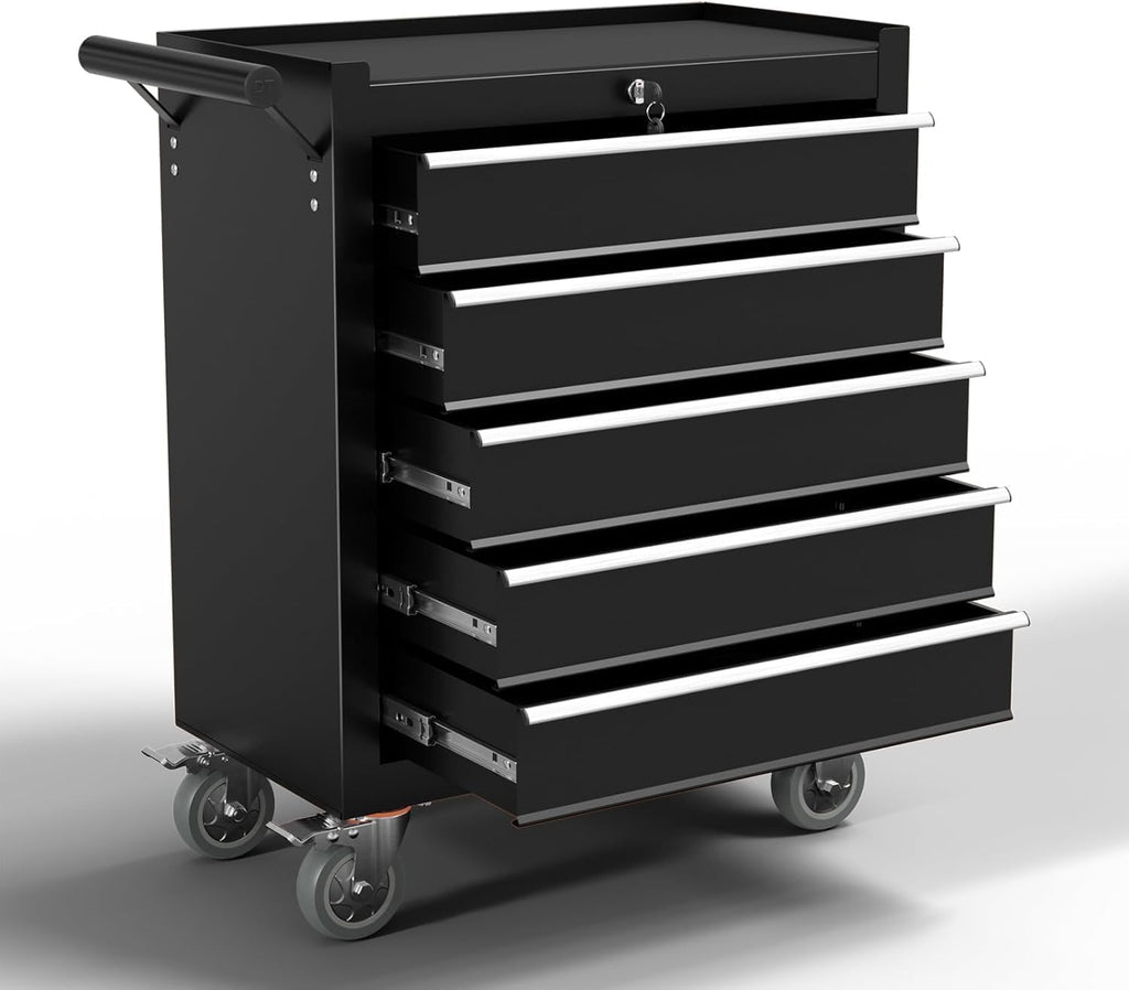 5-Drawer Metal Rolling Tool Chest with Wheels,Tool Storage Cabinet with Locking System，Toolbox with Wheels for Garage, Warehouse, Workshop, Repair Shop (Black, 5Drawer)