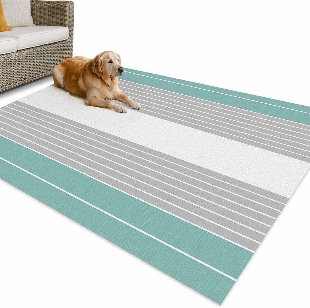 Outdoor Rug 4x6ft Turquoise Grey Striped Line Patio Area Rugs Waterproof Easy Cleaning Non Shedding Thick Mats Carpet for Indoor Outdoor Porch Deck Backyard Balcony
