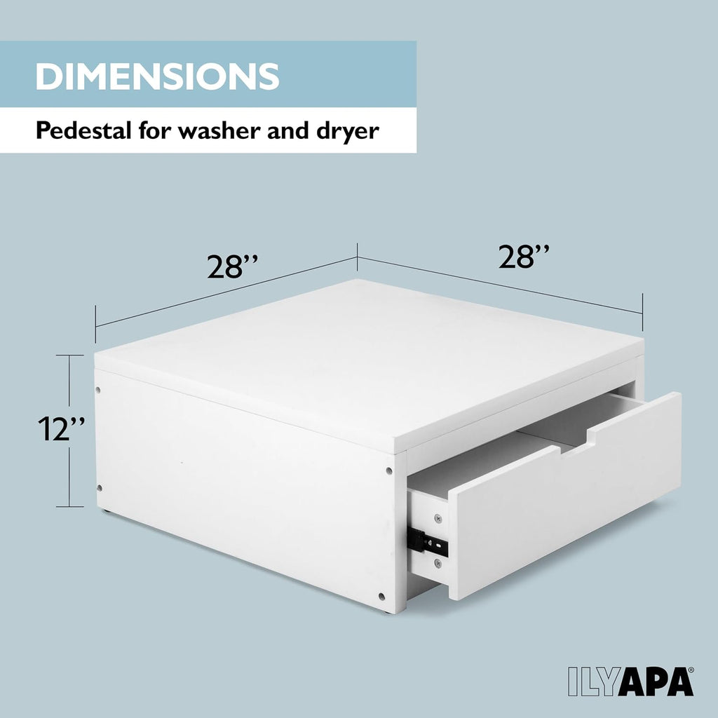 Ilyapa Washer and Dryer Stand - Universal Wooden Laundry Pedestal with Drawer - Compatible with Samsung, LG, GE, Maytag - 28x28x12 in.