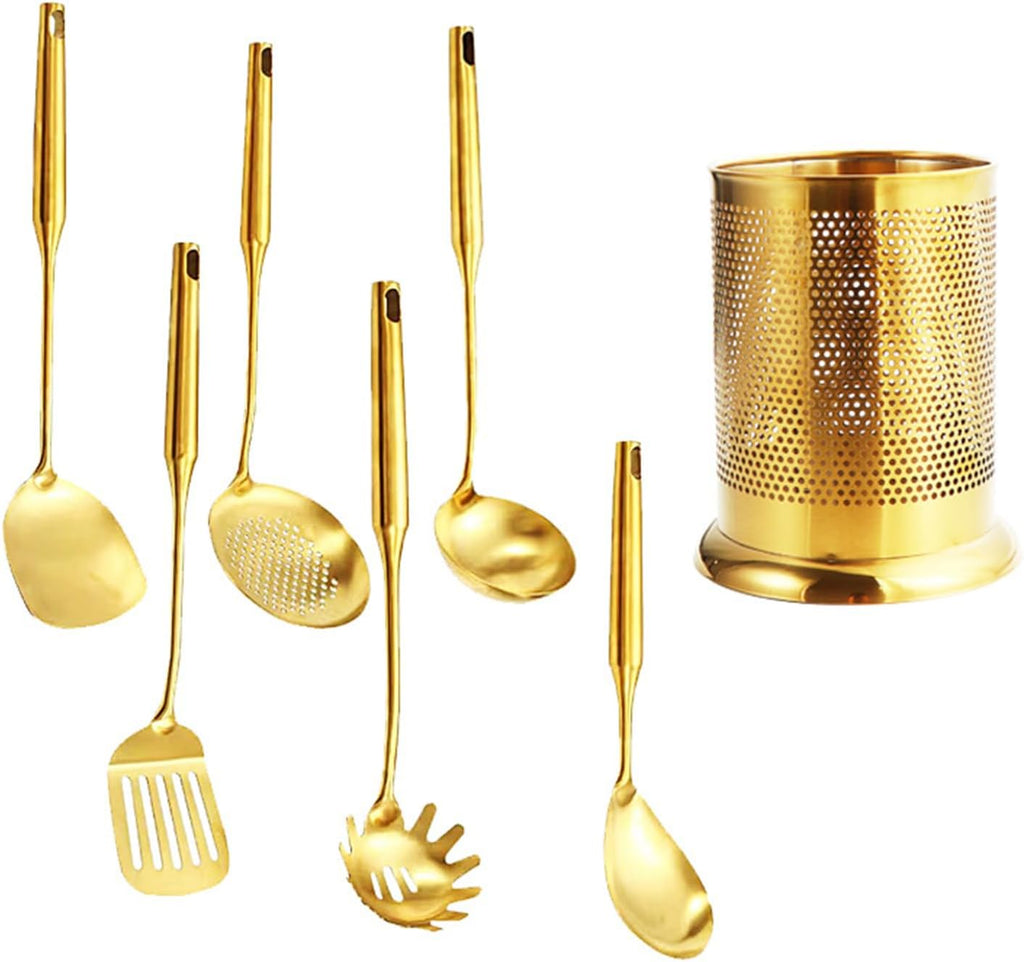 304 Stainless Steel Cooking SILS Set Kitchenware Set Dishwasher Safe with SIL Storage Bucket 6 Pcs Gold Kitchen SILS Set Non Toxic Non Stick Non-SLI，Gold