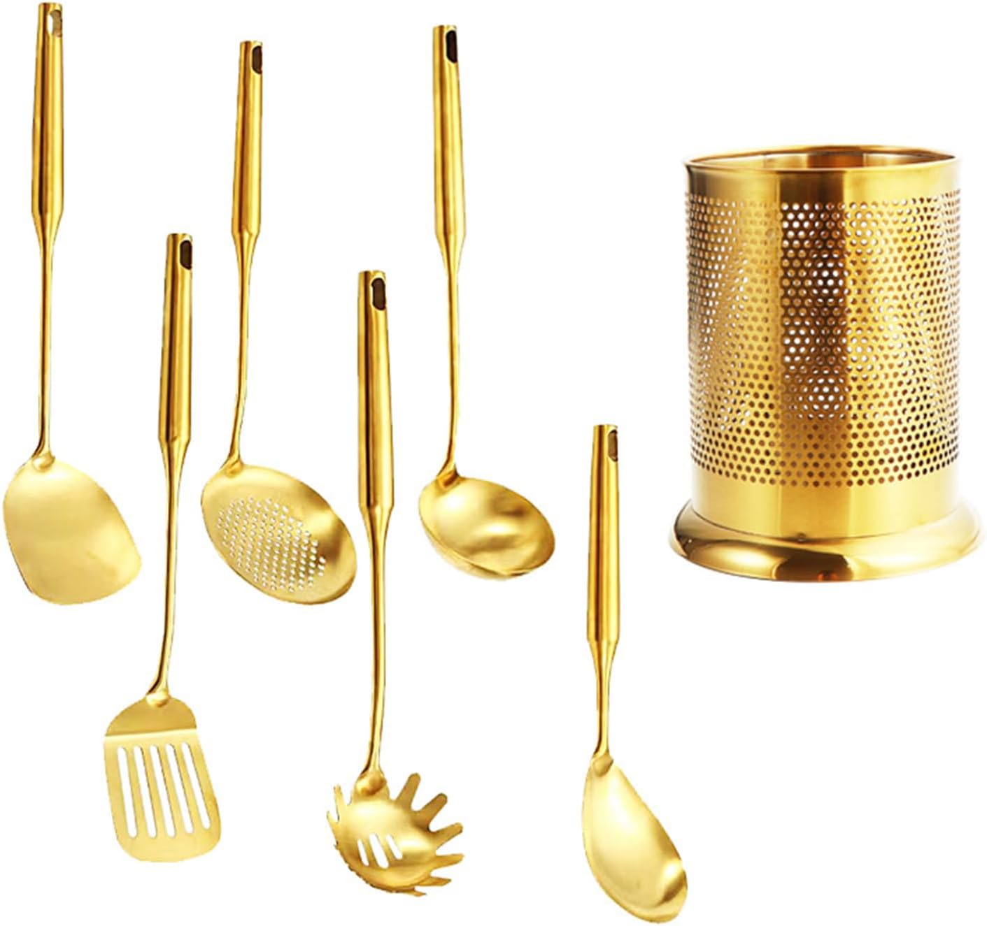 304 Stainless Steel Cooking SILS Set Kitchenware Set Dishwasher Safe with SIL Storage Bucket 6 Pcs Gold Kitchen SILS Set Non Toxic Non Stick Non-SLI，Gold