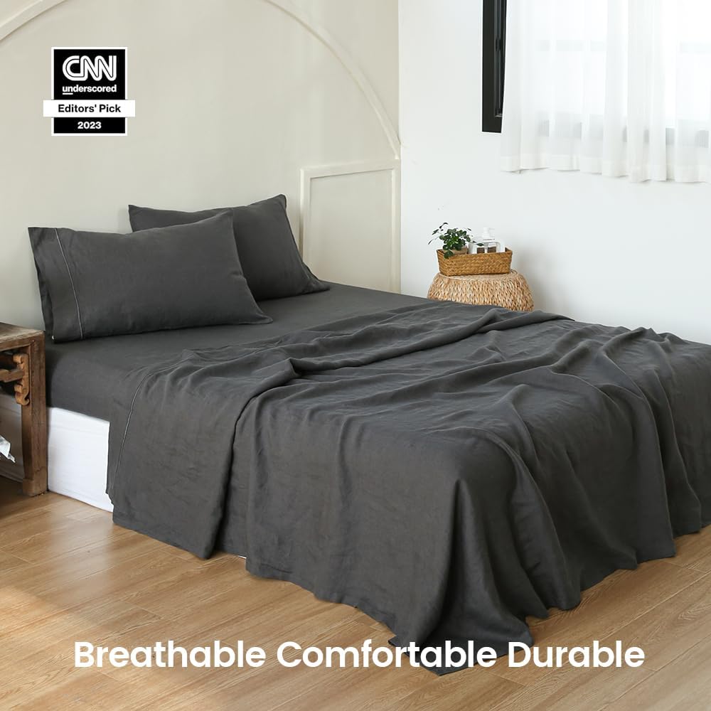 Simple&Opulence 100% Linen Sheet Set with Embroidery Washed - 4 Pieces (1 Flat Sheet & 1 Fitted Sheet & 2 Pillowcases) Natural Flax Soft Bedding Breathable Farmhouse - Dark Grey, Full Size