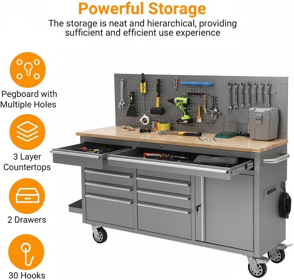 PeakPursuit 61' Rolling Tool Chest with 10 Drawers, Workbench Cabinet with Power Strip, Solid Rubber Wood Top, Pegboard, 1675 LBS Load, Mobile Heavy Duty Garage Storage, Locking Wheels, Silver