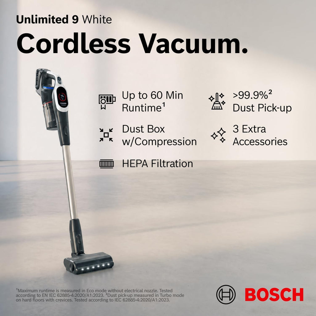 Bosch Unlimited 9 Cordless Stick Vacuum Cleaner - Up to 60 Min Battery, Multi-Surface, Vacuums Pet Hair, Hard Floors and Carpets, HEPA Filter, MicroClean Brush, 3 Accessories, White
