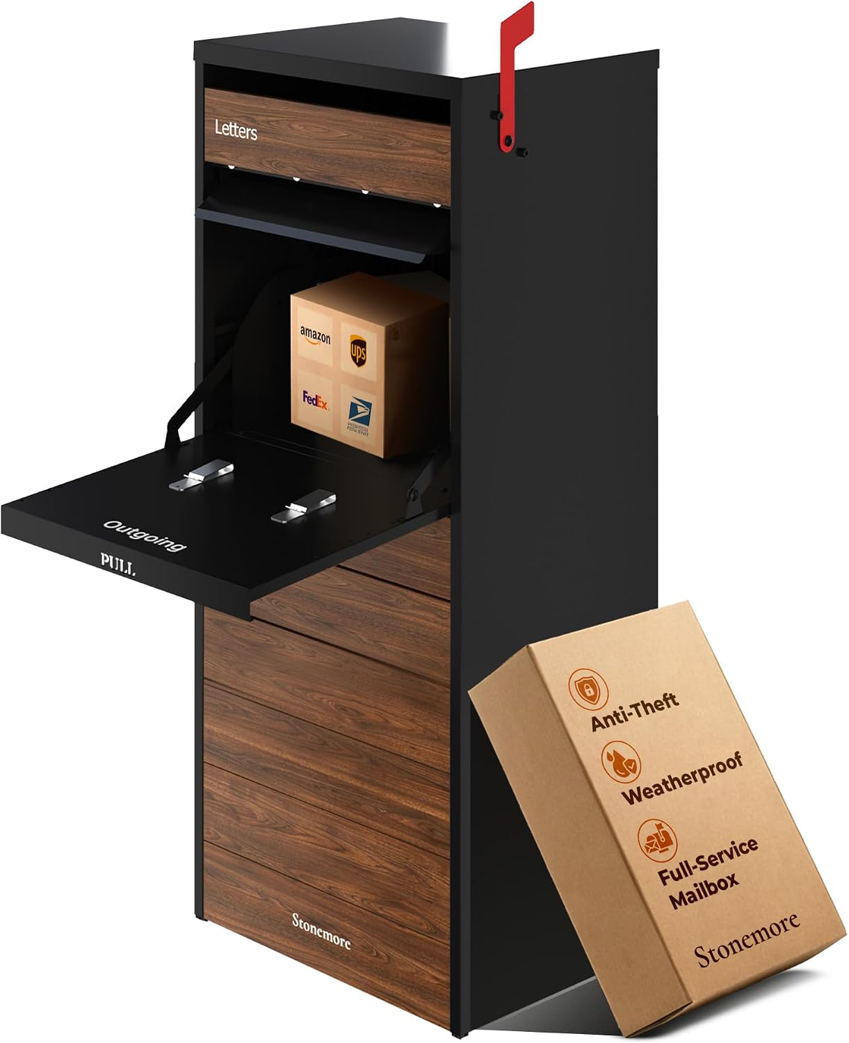 Cali USPS Compatible Mailbox, Classic Black/Walnut Package Mailbox, Anti-Theft Locking Parcel Drop Box for Porch Or Curbside, Large Mailbox for Packages, Weather-Sealed Powder Coated Steel