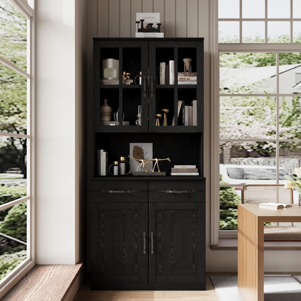 VOWNER Bookcase with Glass Door, 5-Tier Modern Bookshelf with Large Drawer, Glass Display Cabinet with Large Storage Shelf, Combination Storage Cabinet for Home Office (Black, AEA)