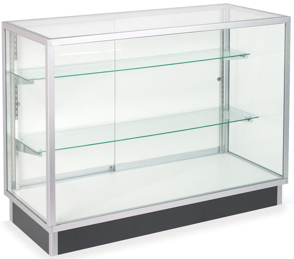 Displays2go Glass Display Cabinet, Free‑Standing Aluminum Showcase with Tempered Glass & Locking Sliding Doors for Retail Use (IEV4WKD)