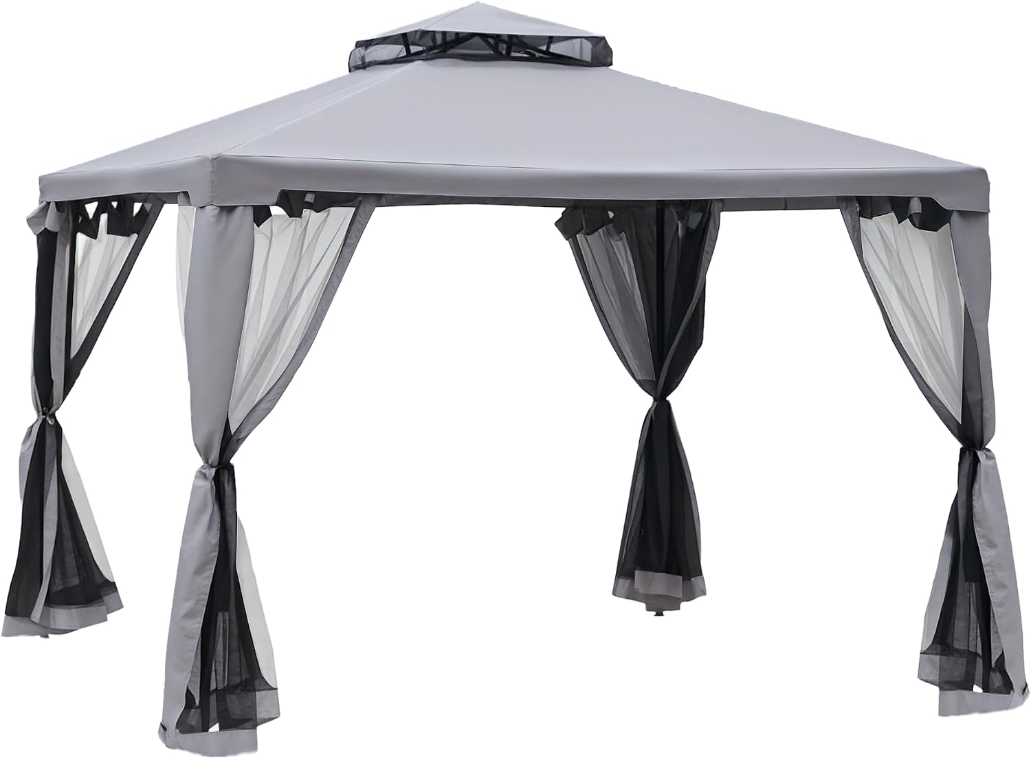 Outsunny 9.6' x 9.6' Patio Gazebo, Outdoor Canopy Shelter with 2-Tier Roof and Netting, Steel Frame for Garden, Lawn, Backyard, and Deck, Gray