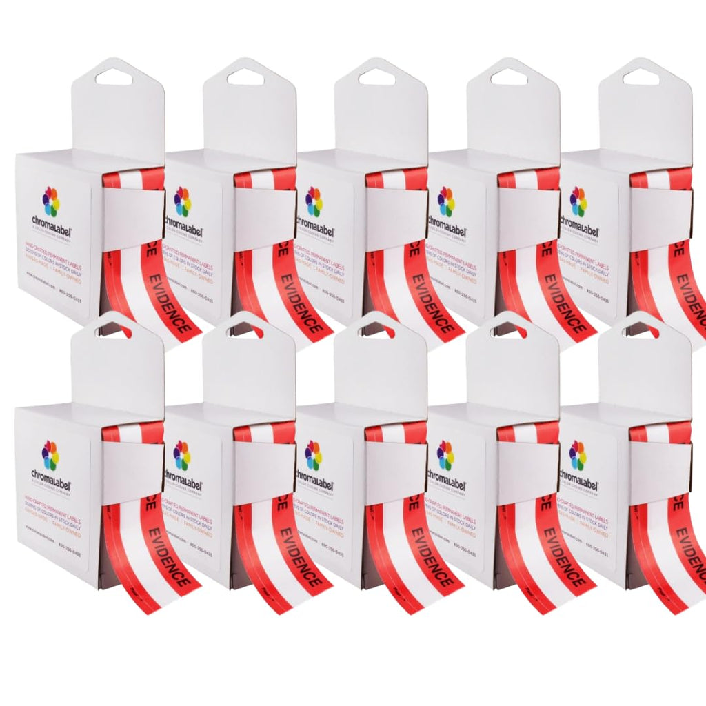 ChromaLabel 1.37 Inch Imprinted Evidence Tape Stickers, Tamper Evident Tape Crime Scene Decorations - 480 Inch Roll (13.33 Yards) with Dispenser Box, Red and White - Case of 10