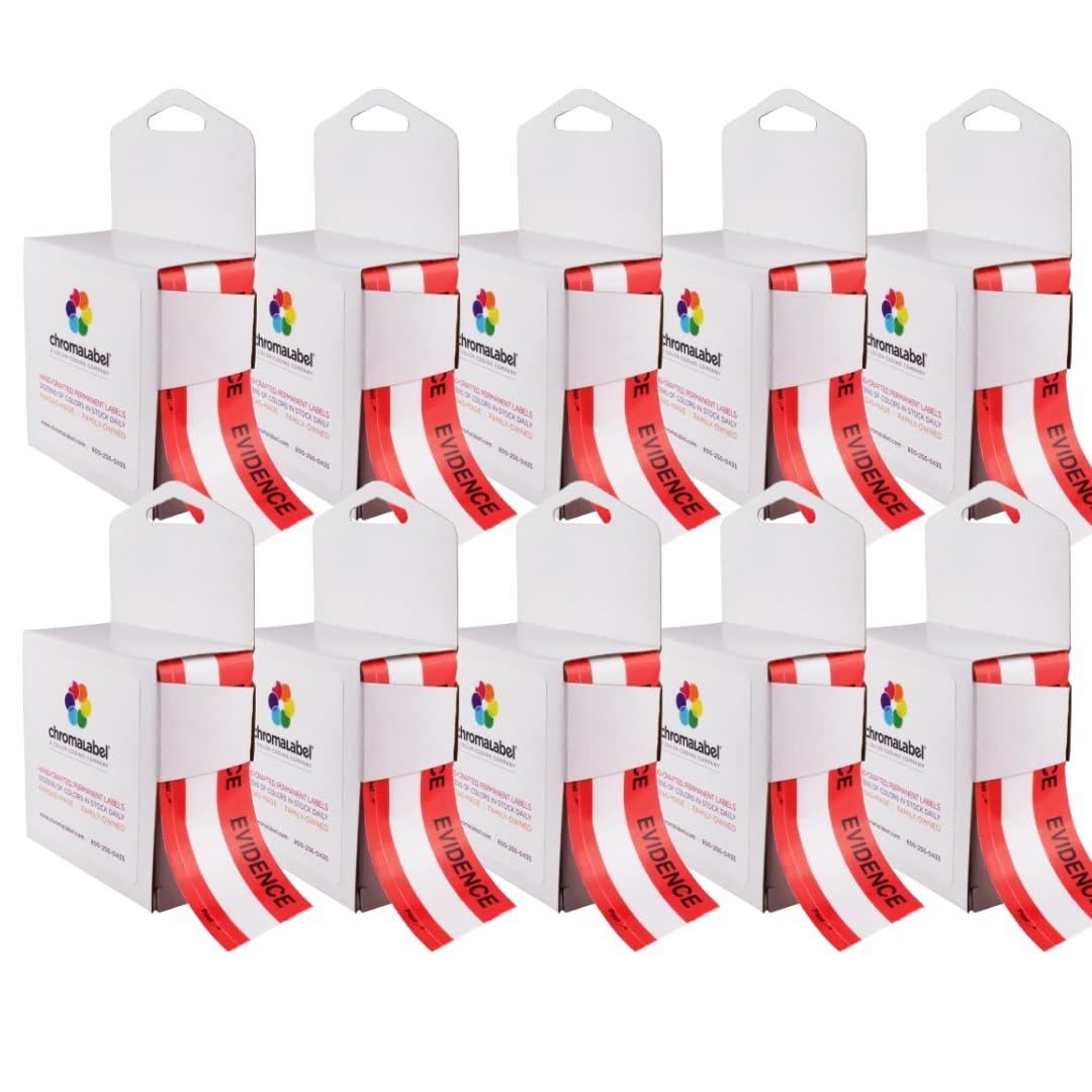 ChromaLabel 1.37 Inch Imprinted Evidence Tape Stickers, Tamper Evident Tape Crime Scene Decorations - 480 Inch Roll (13.33 Yards) with Dispenser Box, Red and White - Case of 10