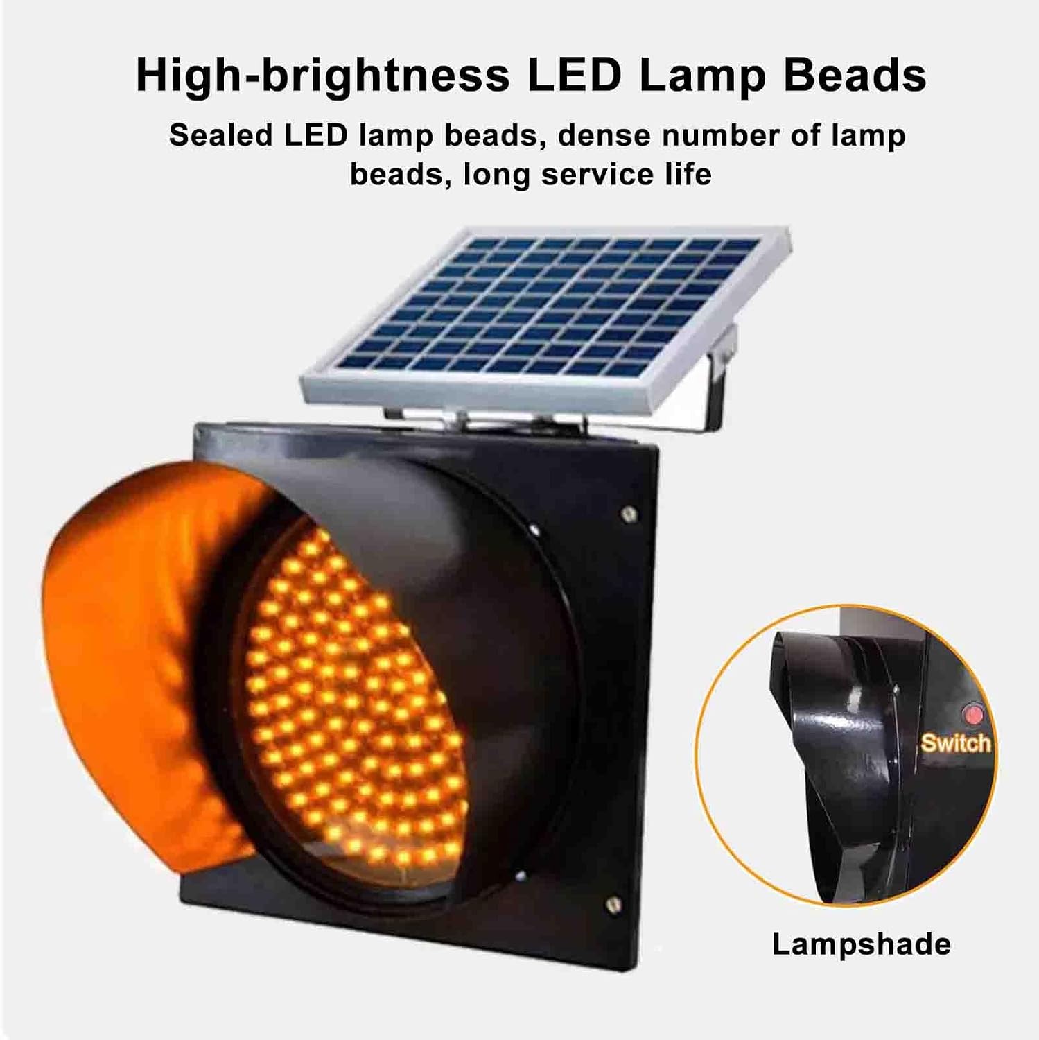 Solar Traffic Signal Lights, LED Flashing Warning Light with Solar Panel, Waterproof Emergency Lamp for Road Safety at Intersections, Curves, Bridges (Yellow, 400mm/16in)