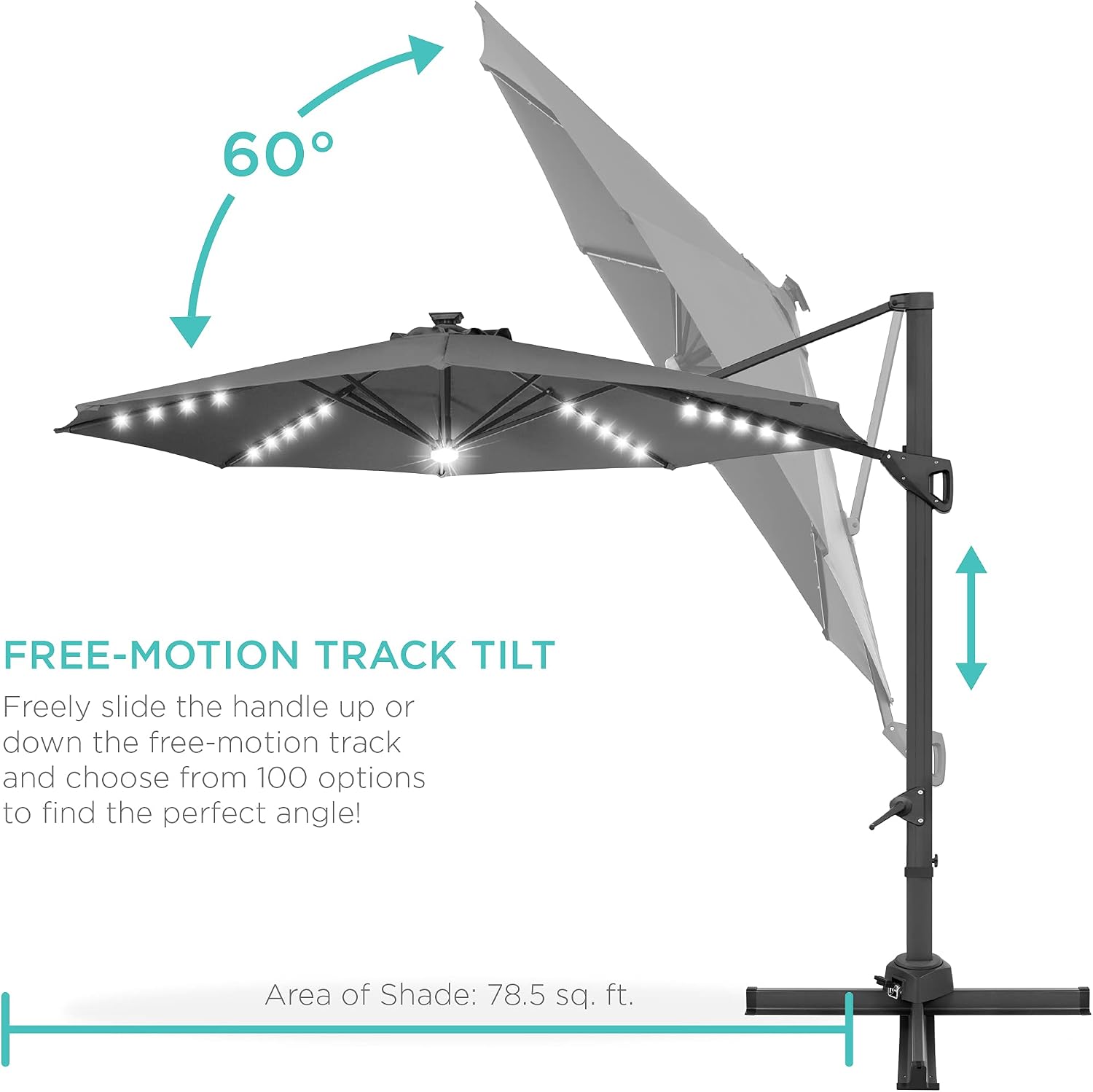 Best Choice Products 10ft Solar LED Cantilever Patio Umbrella, 360-Degree Rotation Hanging Offset Market Outdoor Sun Shade for Backyard, Deck, Poolside w/Lights, Easy Tilt, Cross Base - Gray