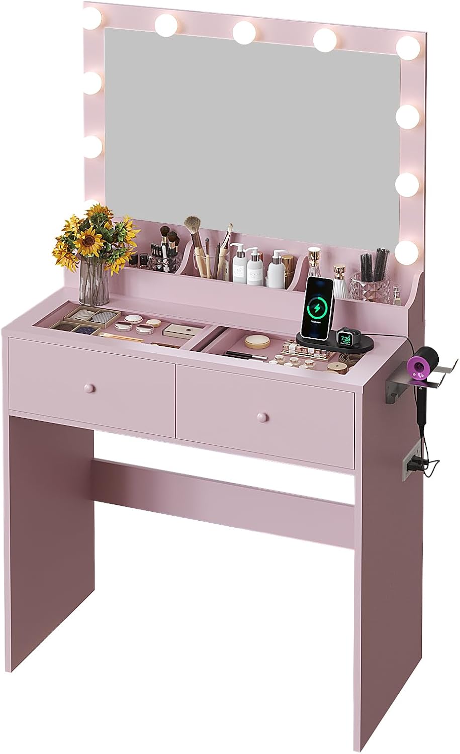 VINGLI Vanity Desk with Mirror and Adjustable Lights, Glass Top Makeup Vanity Table Built-in Power Outlets & Hairdryer Holder, Small Pink Dressing Table w/Hollywood Bulbs, Gifts for Girls, 31.5in