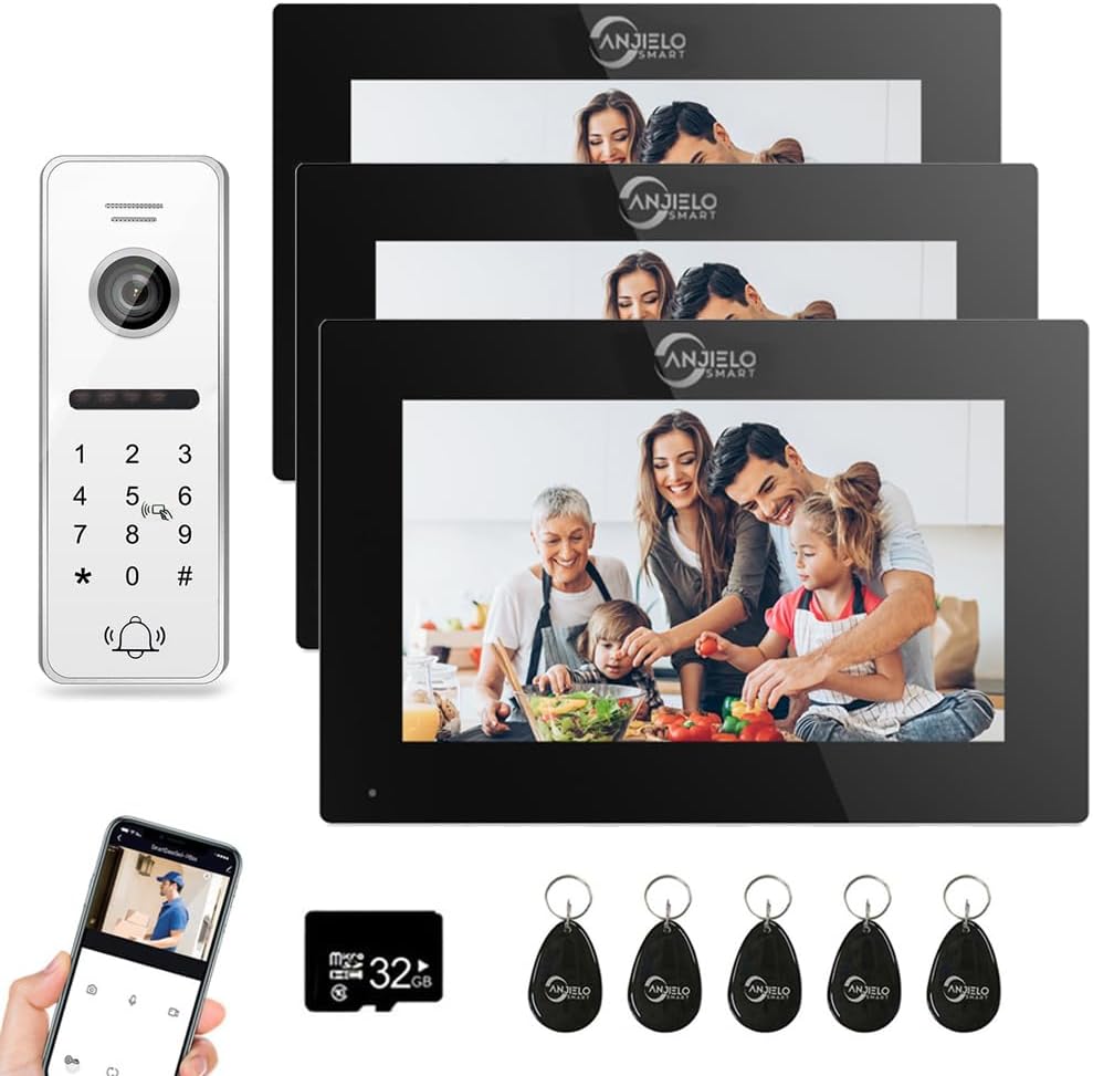 Wired Video Doorbell Apartment Intercom 3 Unit 7 Inch Touch Screen Monitor 1080P HD Camera 4 in 1 Unlocking Support RFID Card Password WiFi Smart Home Door Phone Kits for Home Villa,32G