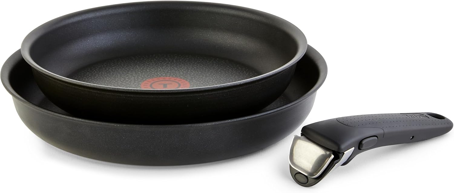 T-fal Ingenio Detachable Handle Cookware Set, Stackable Set. Induction Oven Broiler Safe 500F Cookware, Pots and Pans, Oven, Broil, Dishwasher Safe, 3 Piece set, Onyx Black