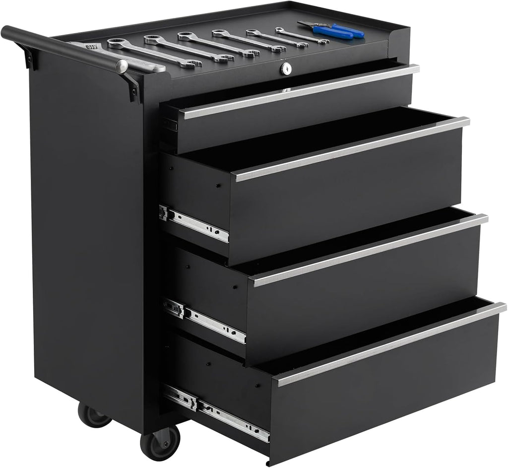 GarveeLife 4-Drawer Tool Box 24' Garage Tool Box with Key Lock and Removable Drawer Liners, Wheeled Design, Suitable for Garages, Warehouses, Workshops, and Repair Shops - Black
