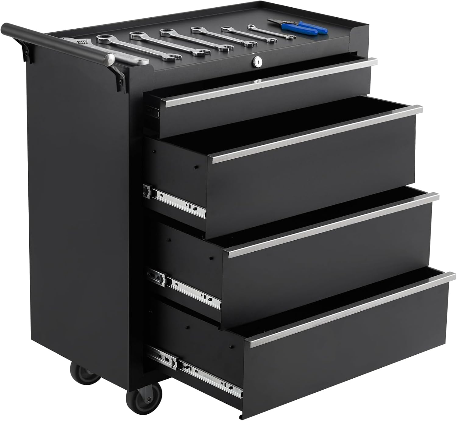 GarveeLife 4-Drawer Tool Box 24' Garage Tool Box with Key Lock and Removable Drawer Liners, Wheeled Design, Suitable for Garages, Warehouses, Workshops, and Repair Shops - Black