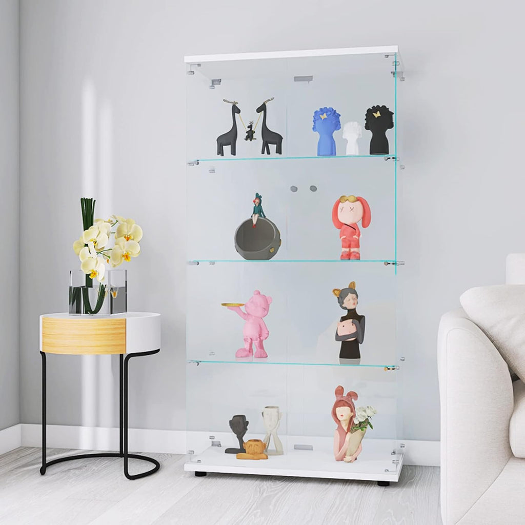 Modern 4-Tier Two-Door Glass Display Cabinet Shelves with Door Floor Standing Curio Glass Countertop Display Bookshelf for Living Room Bedroom Office