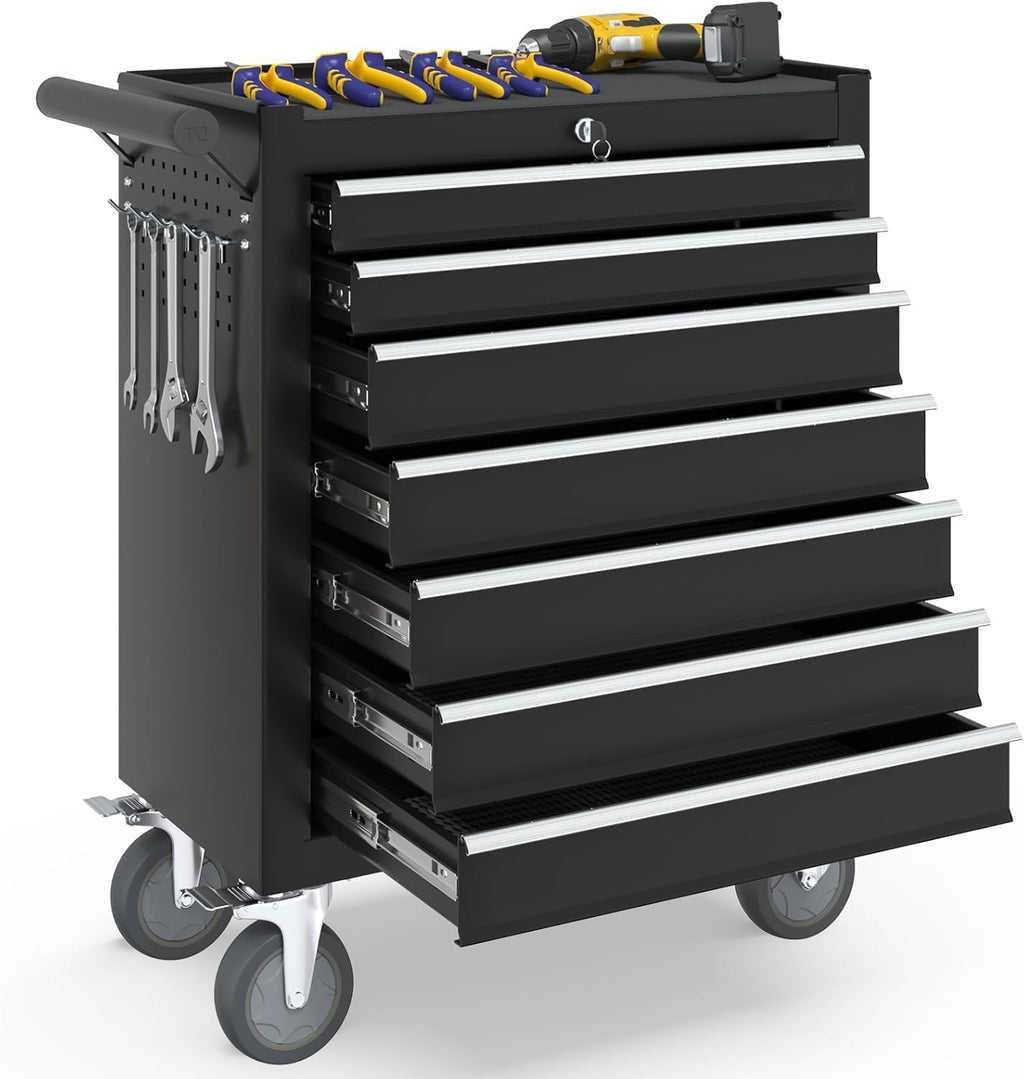7-Drawer Rolling Tool Chest with Wheels, Tool Box with Locking System and Sliding Drawers, Heavy Duty Organizer for Warehouse, Workshop Garage Black