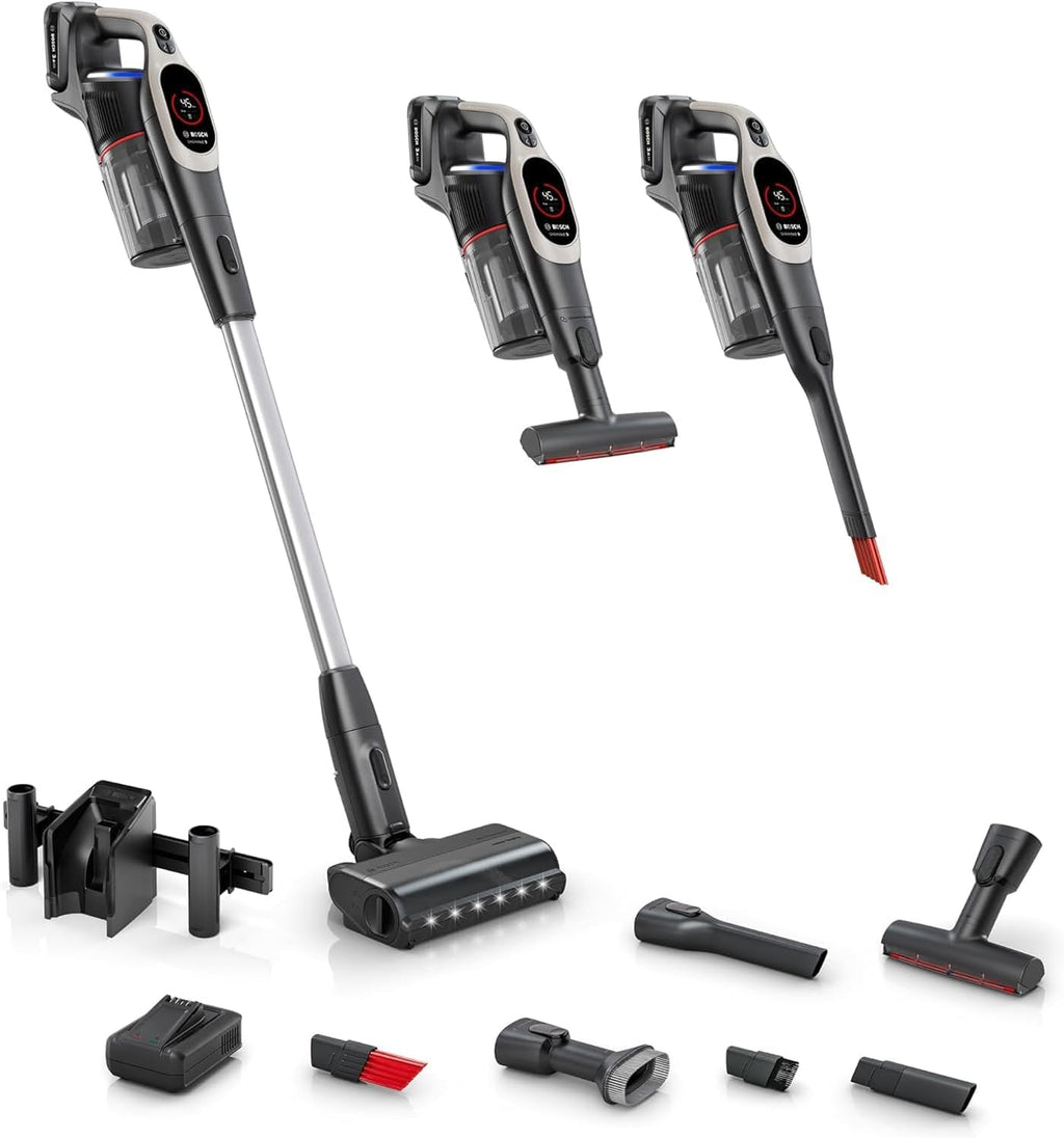 Bosch Unlimited 9 Cordless Stick Vacuum Cleaner - Up to 60 Min Battery, Fast Charger, Multi-Surface, Vacuums Pet Hair, Hard Floors and Carpets, HEPA Filter, 6 Accessories, Dark Cream