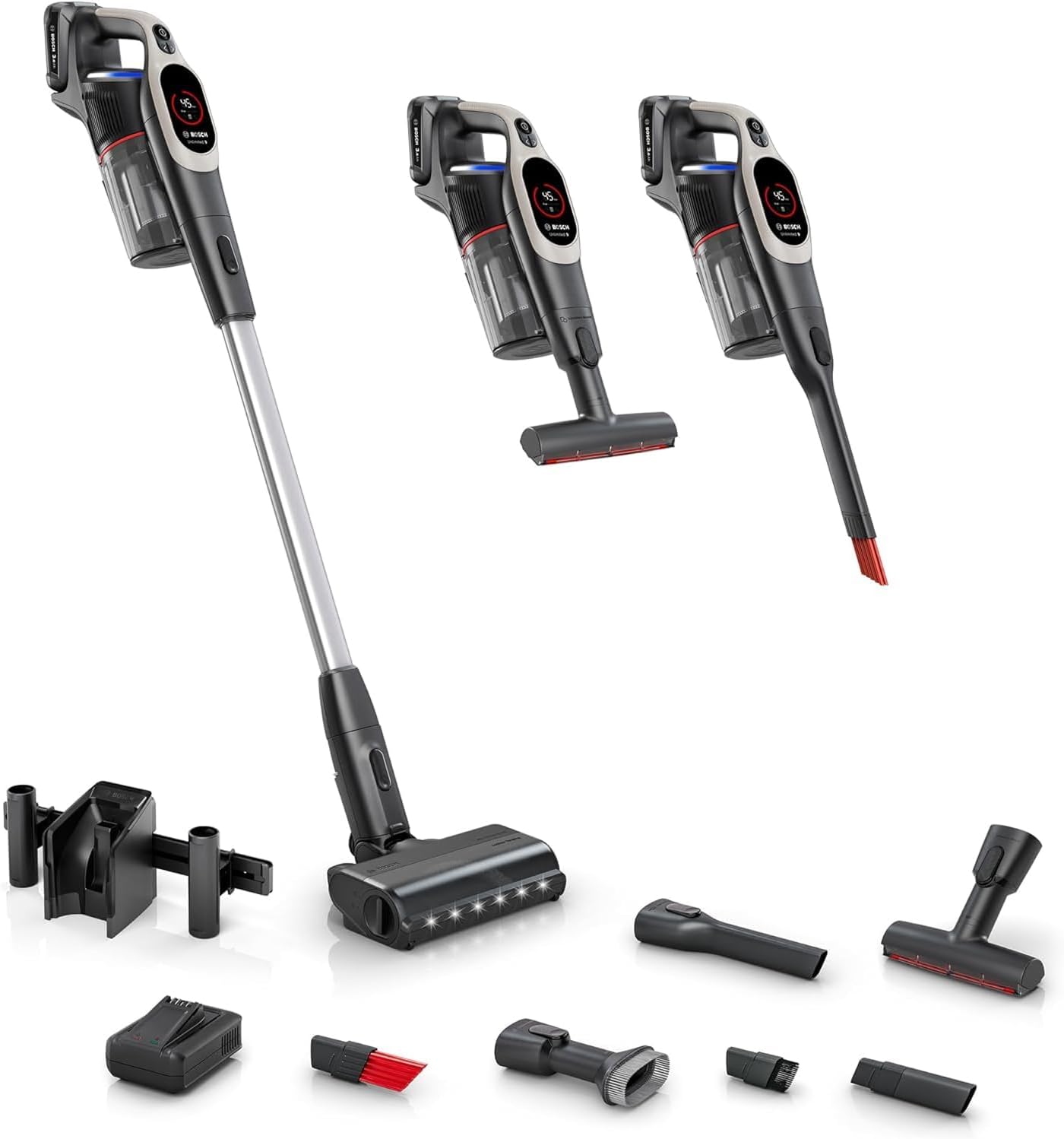 Bosch Unlimited 9 Cordless Stick Vacuum Cleaner - Up to 60 Min Battery, Fast Charger, Multi-Surface, Vacuums Pet Hair, Hard Floors and Carpets, HEPA Filter, 6 Accessories, Dark Cream