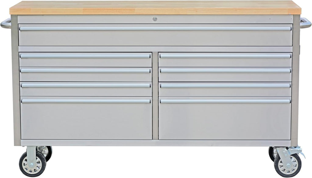 PeakPursuit 61' Rolling Tool Chest with 9 Drawers, Solid Rubber Wood Workbench Top, Locking Wheels & Key Lock, Mobile Garage Tool Cabinet for Workshop Storage & Organization, Silver
